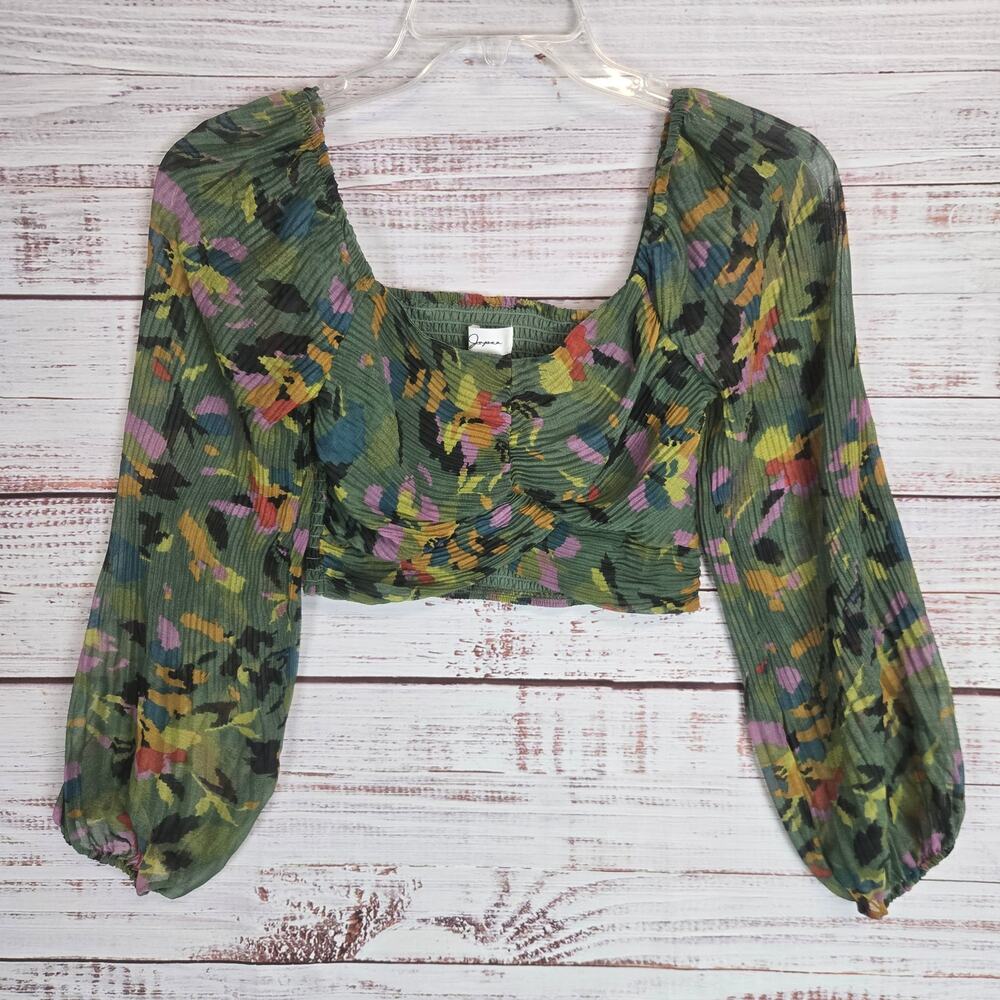 Y2K Forest Fairy Babydoll Blousy Crop Top S Green Bloomcore Sheer Puff Sleeves